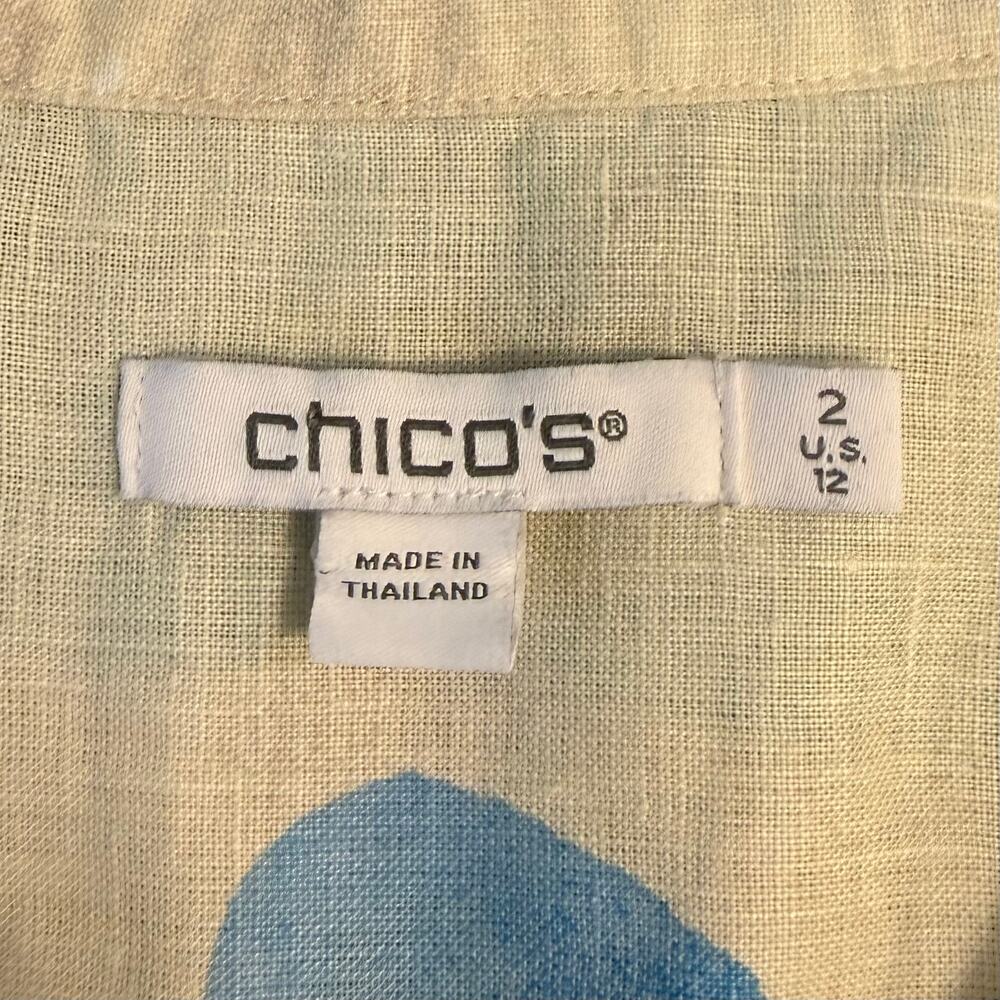 Chico's 100% Linen Blouse Watercolor 3/4 Sleeve Popover Cream Women's (2) US 12 - Picture 3 of 8